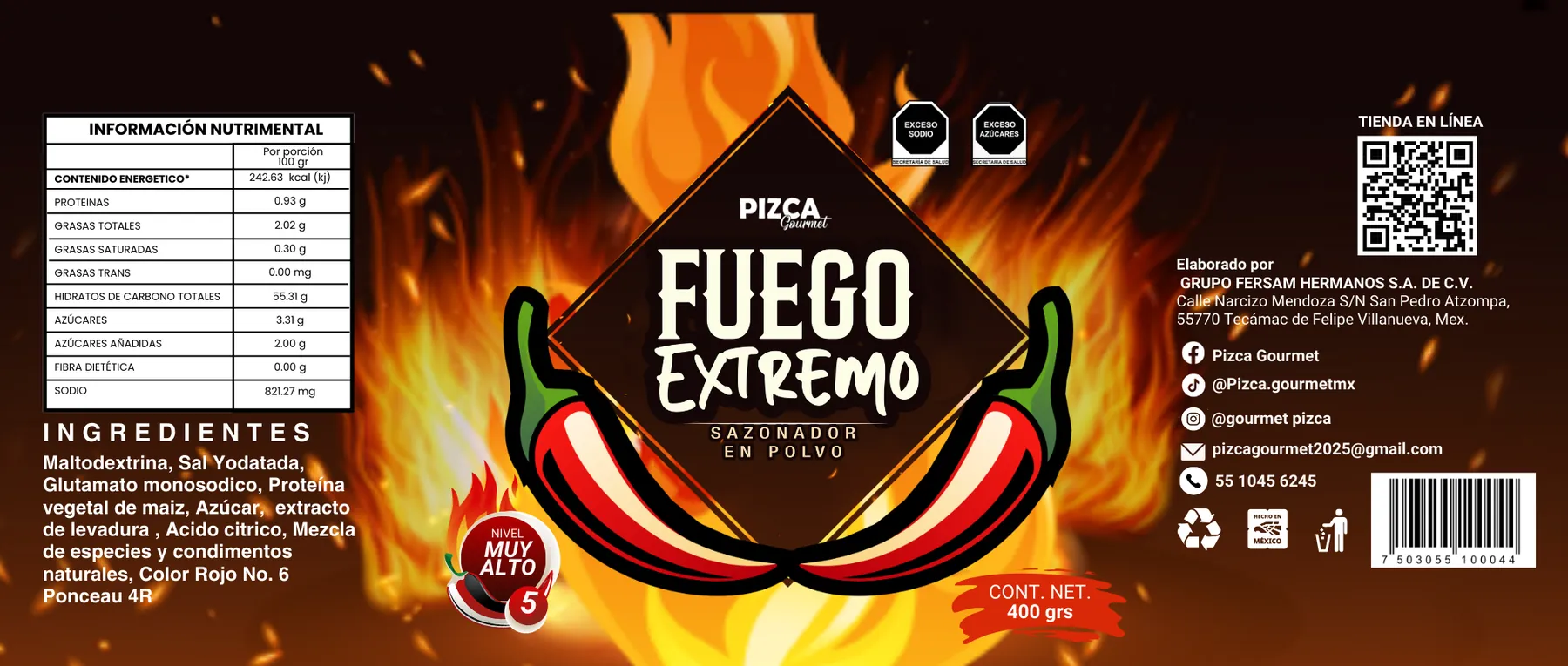 Etiqueta completa de Fuego Extremo: información nutrimental, ingredientes, sellos y datos del fabricante