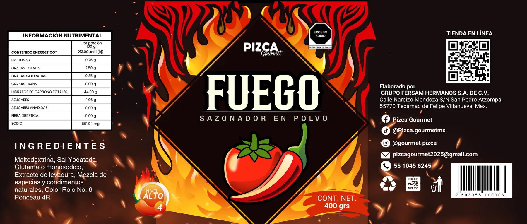 Etiqueta completa de Fuego: información nutrimental, ingredientes, sellos y datos del fabricante