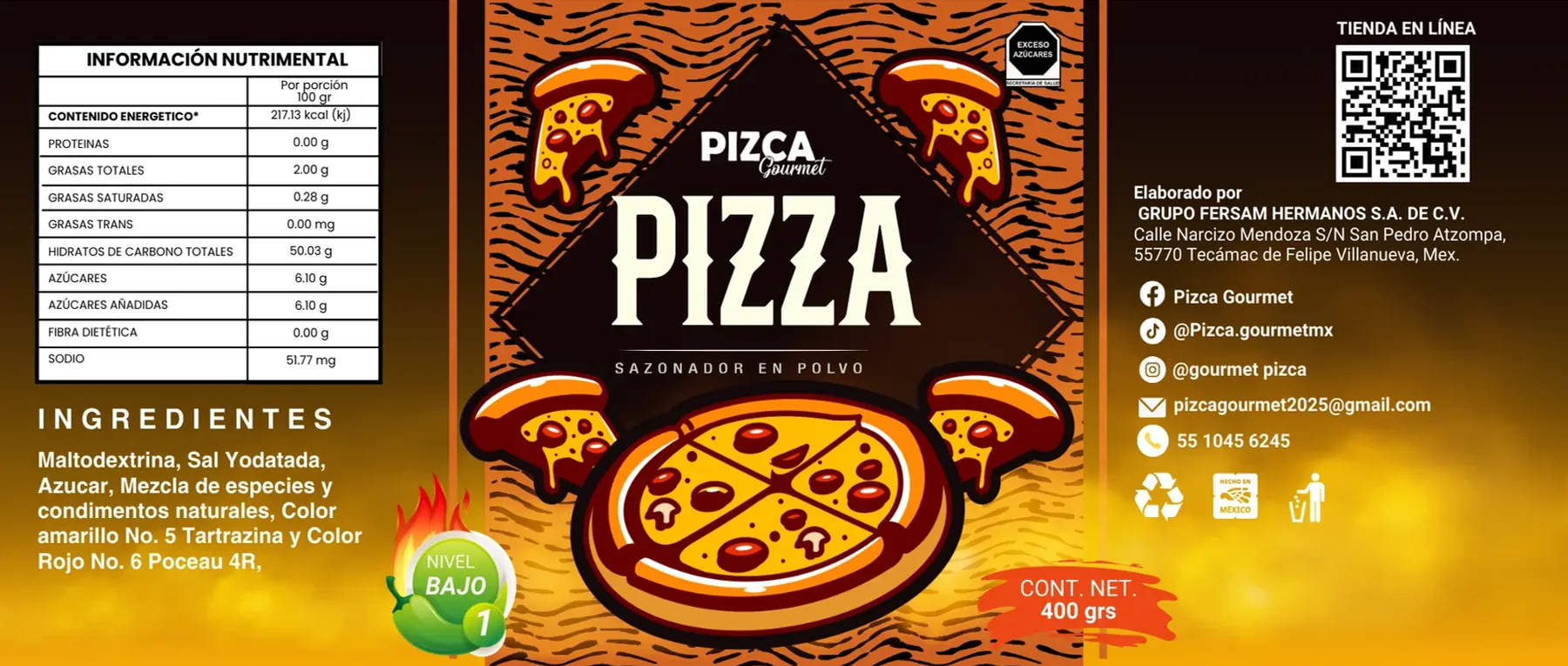 Etiqueta completa de Pizza: información nutrimental, ingredientes, sellos y datos del fabricante